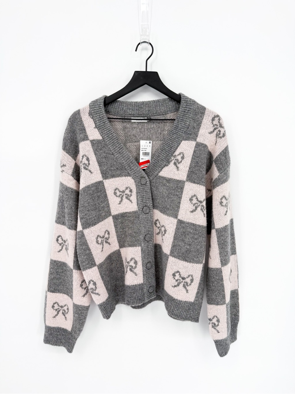 NWT Lush Bow Print Checkered Knit Cardigan Sweater Grey Pink Large